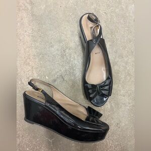Bruno Magli made in Italy patent leather Black Wedge Slingback Shoes bow